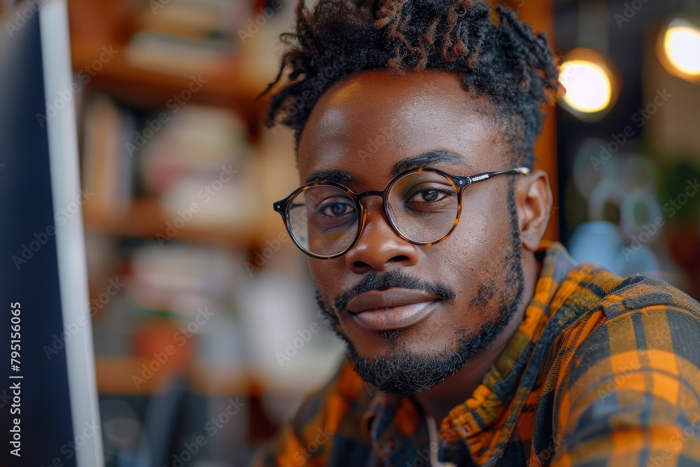A concentrated male coder with dreadlocks using a computer terminal, illuminated by soft ambient lighting in an office A concentrated male coder with dreadlocks using a computer terminal, illuminated by soft ambient lighting in an office