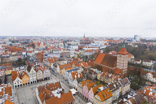aerial cityscape of Olsztyn (Poland) old town on a cloudy day, tiny colorful buildings in the center. High quality photo