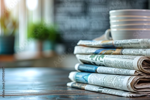 Stack of newspapers on elegant wooden table, representing news media and press concept photo