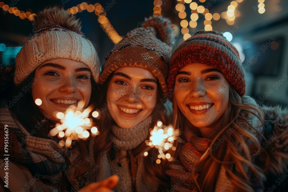 Happy young women share a joyful moment with sparklers during a winter night out
