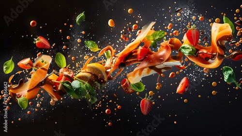 Creative composition of food elements arranged to depict a flying motion with sauce splatters