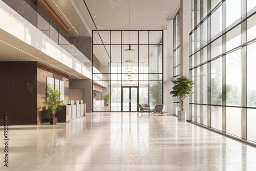 Beautiful modern office hall with panoramic windows, beige and brown tones interior design concept © Sergej Gerasimov