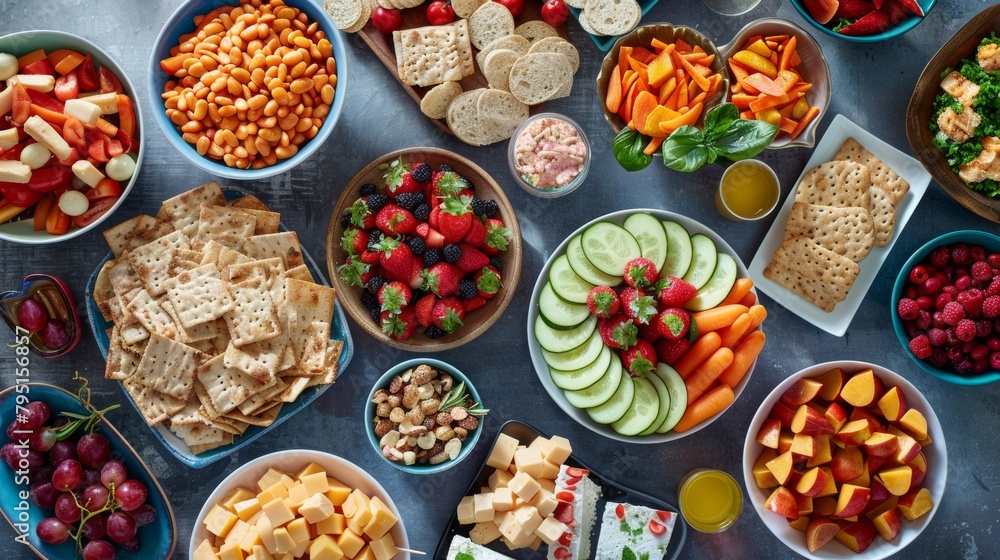 Delicious snacks arranged in a colorful spread, perfect for entertaining guests or hosting gatherings - obrazy, fototapety, plakaty 