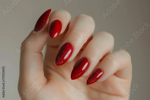 Close-up of womans hand with vibrant red nail polish, manicure concept and fingernail care