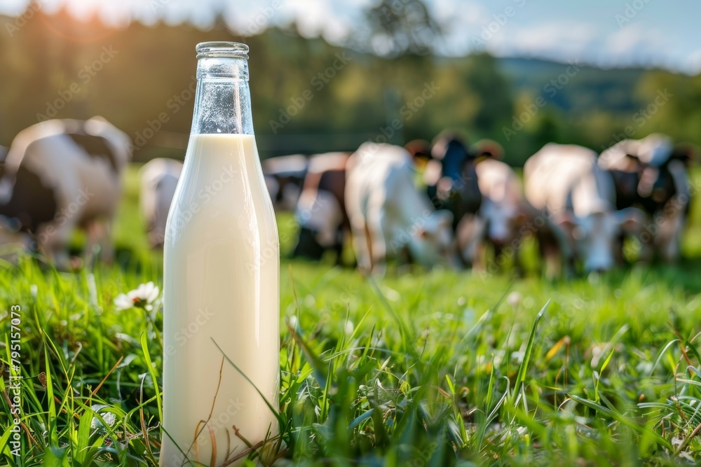 Sunny day. well-fed cows grazing on green pasture field next to bottle of fresh milk Sunny day. well-fed cows grazing on green pasture field next to bottle of fresh milk