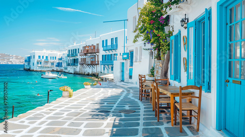 White architecture of Mykonos town and view 