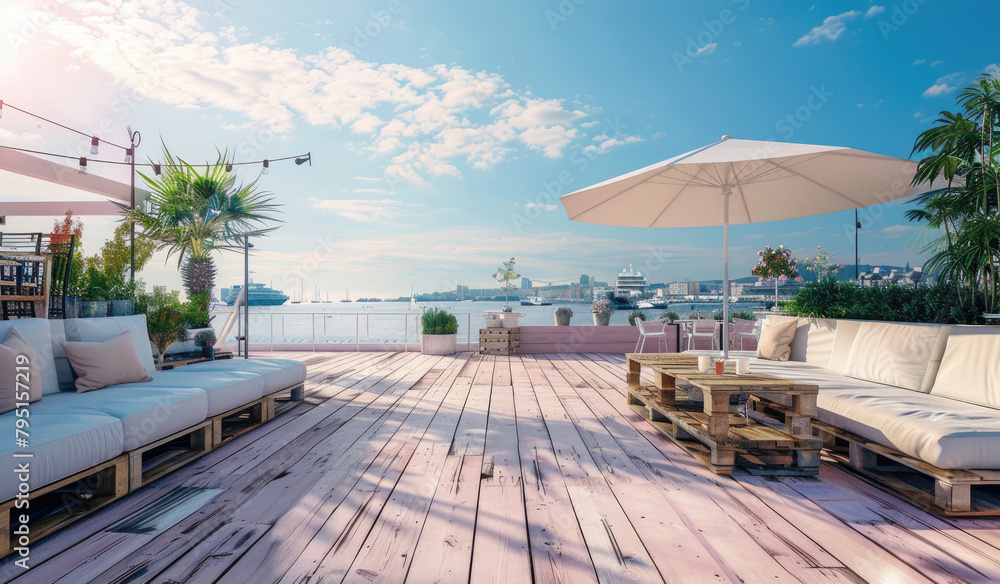 A large terrace with a wooden floor, decorated in white and pink tones, overlooking the city. Umbrella and furniture made from pallets on the right side