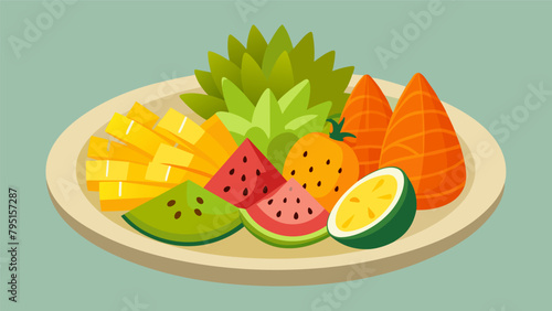 A platter of sliced exotic fruits including pineapple melon and cactus pear perfect for sharing and discovering new favorites with friends..