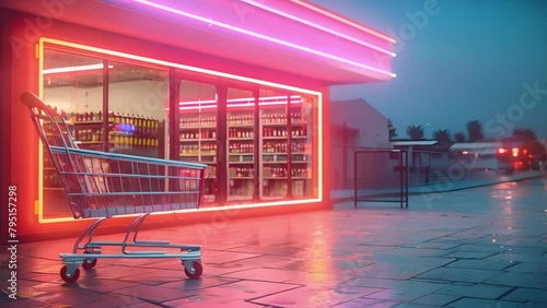 Vibrant online shopping experience with neon lights and techsavvy storefront. Concept Online Shopping Experience, Neon Lights, Tech-savvy Storefront, Vibrant Colors, Smart Technology