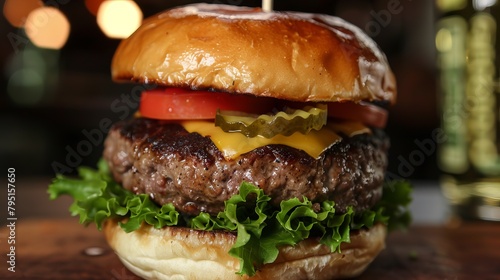 A close-up hamburger with a perfectly cooked patty.