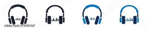 Earphone black icon set. Modern headset music simple illustration. Symbol Sound and Music Stereo headphone graphic sign in vector design style