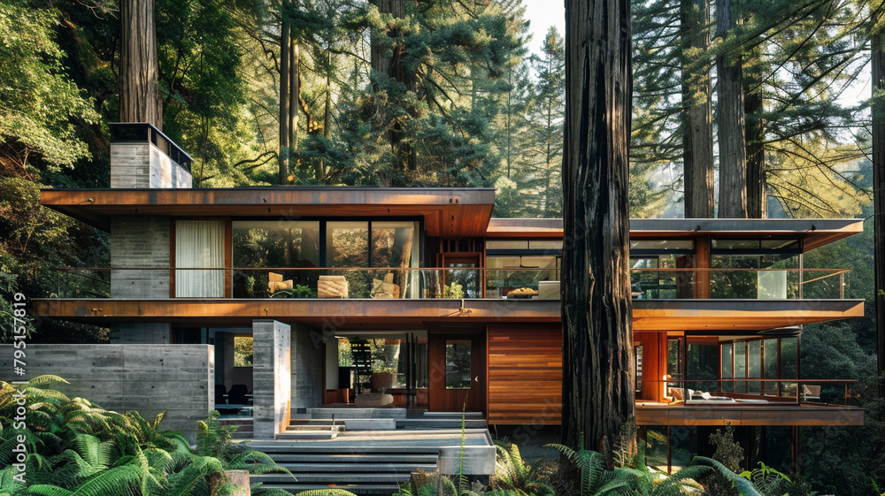 An architecturally impressive modern house with a cantilevered design, nestled among towering redwood trees in a lush forest setting.