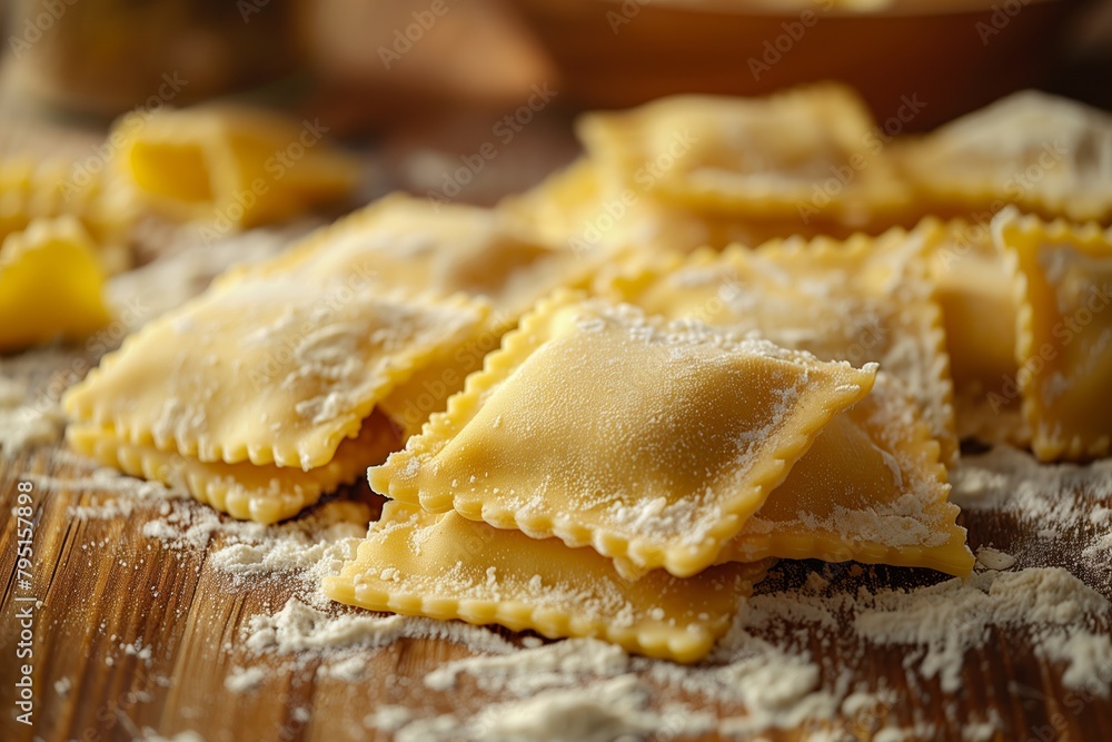 Fresh Ravioli Pasta Sprinkled with Flour Close-up Fresh Ravioli Pasta Sprinkled with Flour Close-up