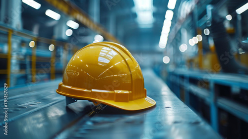 An industrial yellow safety helmet rests on a conveyor belt in a blur of modern factory environment.