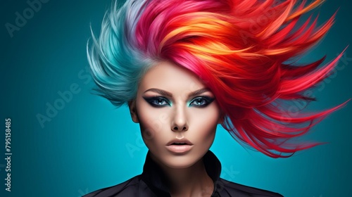 Bold and artistic cover shot of a hair model with exceptionally vivid hair  set against a simple background to focus on the stunning color and styling