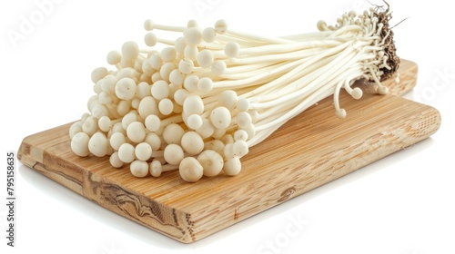 Portrait of enoki mushrooms on the wooden board in white background. generative AI image photo