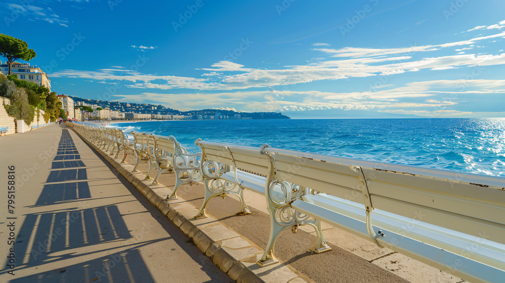 White benches on the Promenade des Anglais in Nice 
