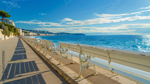 White benches on the Promenade des Anglais in Nice  photo
