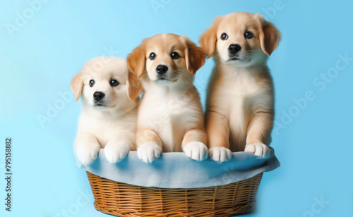 golden retriever puppies in basket with blue background Generative ai 