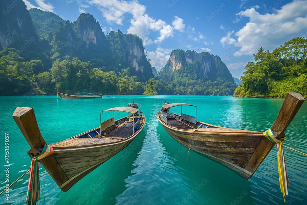 Two boats are floating in a lake with a beautiful blue sky above 