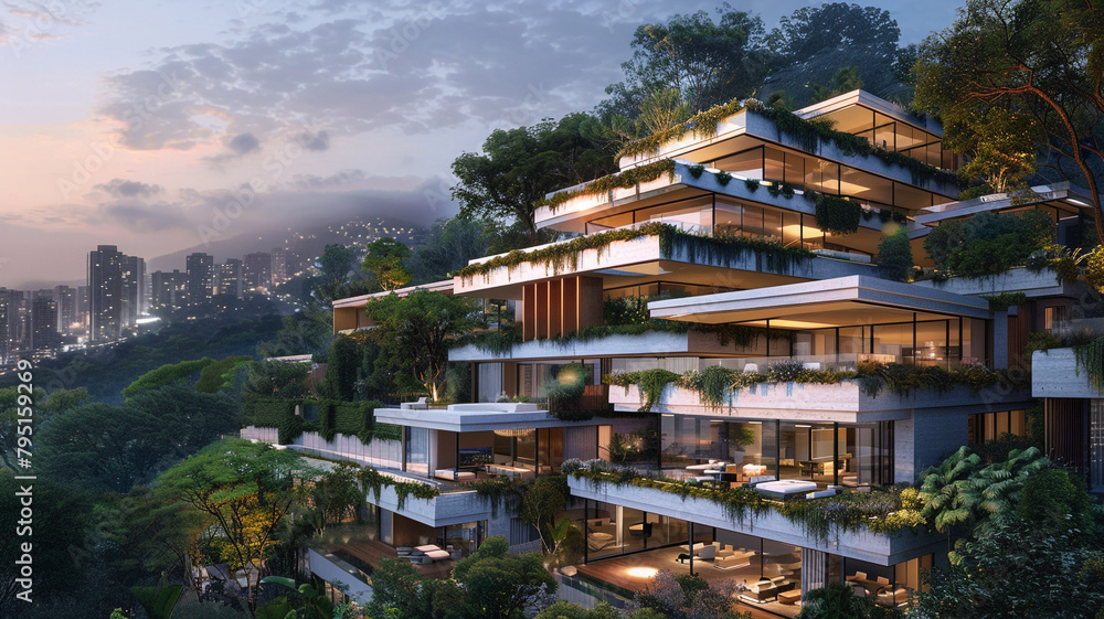 An architecturally impressive modern residence with a series of terraces and balconies cascading down a hillside, offering panoramic views of the city skyline.
