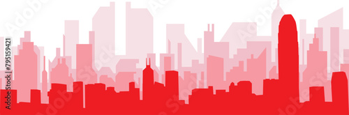 Red panoramic city skyline poster with reddish misty transparent background buildings of HONG KONG, CHINA