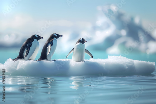 Penguins on an ice floe with a clean, icy seascape in the background, focusing on polar marine life and climate change