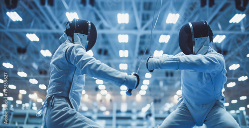Two professional fencers foil fighting during olympic competition - Fence duel - Models by AI generative photo
