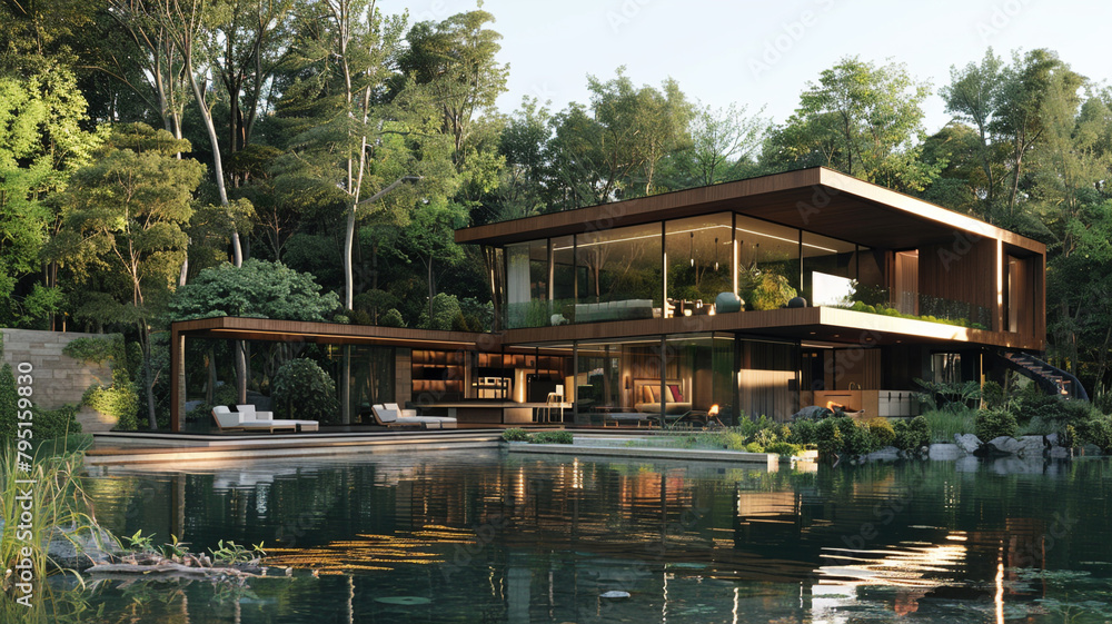 An architecturally striking modern home with a cantilevered design, overlooking a tranquil lake surrounded by dense forest foliage.