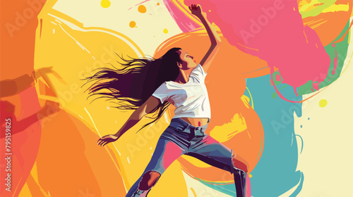 Beautiful young woman dancing against color wall Vector