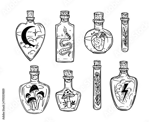 Set of vector hand drawn bottles with magic potion. Doodle vector illustration of vials, jars, flasks with occult objects like mushrooms, snake, moon