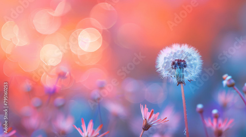 White dandelion in a forest against the pink sky at sun