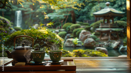 A serene tea ceremony unfolding in a traditional Japanese garden  where delicate teacups are filled with fragrant green tea and served with sweet treats.