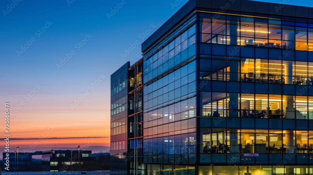 Office building at twilight with city lights in the background Office building at twilight with city lights in the background