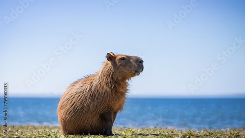 Capybara sitting near the river