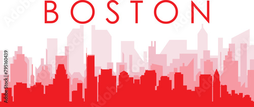 Red panoramic city skyline poster with reddish misty transparent background buildings of BOSTON, UNITED STATES