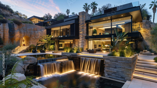 An architecturally stunning modern mansion with a cascading waterfall feature integrated into its sleek facade, set against a backdrop of rugged cliffs.