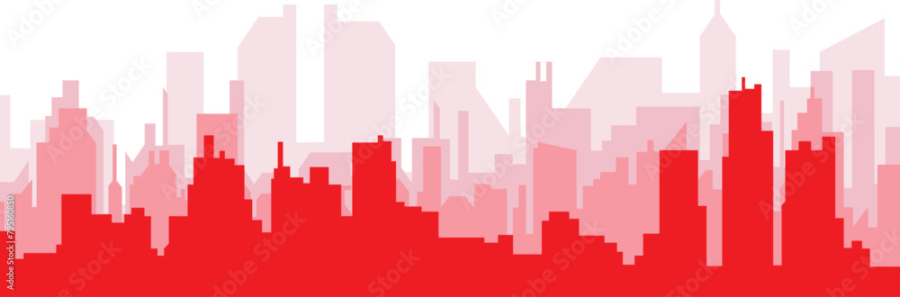 Red panoramic city skyline poster with reddish misty transparent background buildings of DETROIT, UNITED STATES