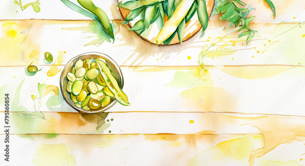 Watercolor of fresh and raw green broad beans on wooden table
