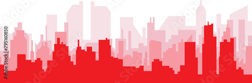 Red panoramic city skyline poster with reddish misty transparent background buildings of DETROIT, UNITED STATES