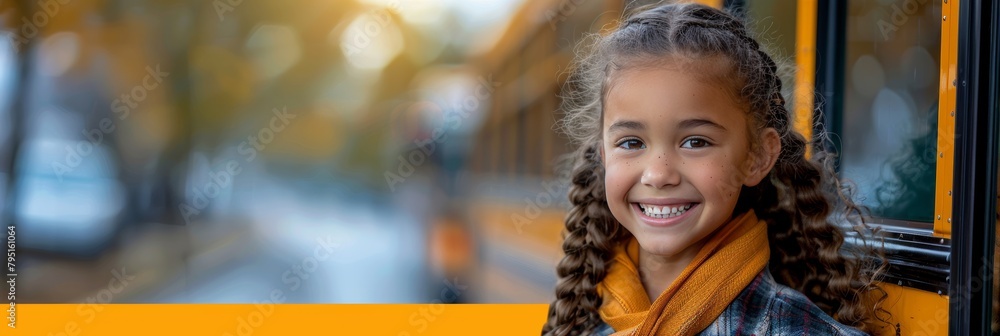 Excited young girl eagerly waits for bus, beaming with joy Excited young girl eagerly waits for bus, beaming with joy
