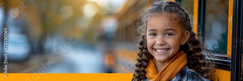 Excited young girl eagerly waits for bus, beaming with joy