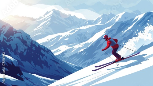 Skier performing a jump against a scenic mountain backdrop, perfect for extreme winter sports themes.