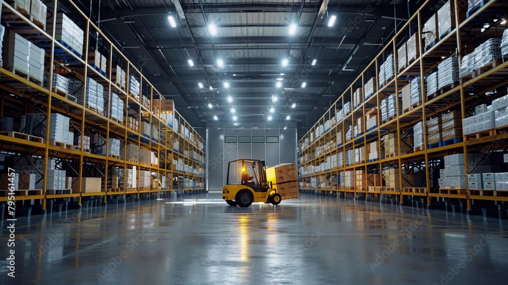 Bustling Beehive: Wide-Angle Photo of a Modern Warehouse with Busy Forklift and Stocked Shelves Bustling Beehive: Wide-Angle Photo of a Modern Warehouse with Busy Forklift and Stocked Shelves