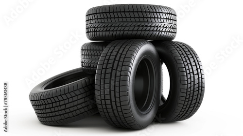 pile of new tires on white background.