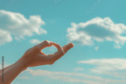 A close-up of intertwined hands in a yoga mudra, with a calm blue sky and light clouds in the background 