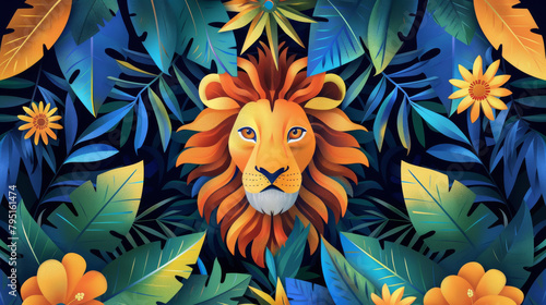 Powerful Lion Artwork Set in a Vibrant Floral Jungle