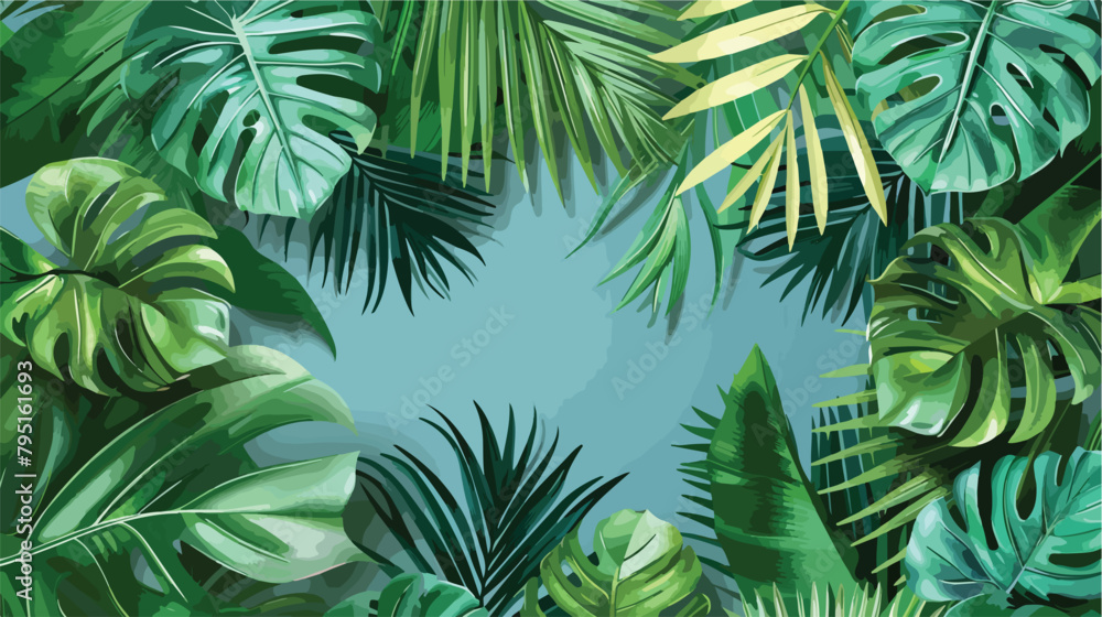 Blank card with different tropical leaves on blue background