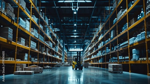 Bustling Beehive: Wide-Angle Photo of a Modern Warehouse with Busy Forklift and Stocked Shelves