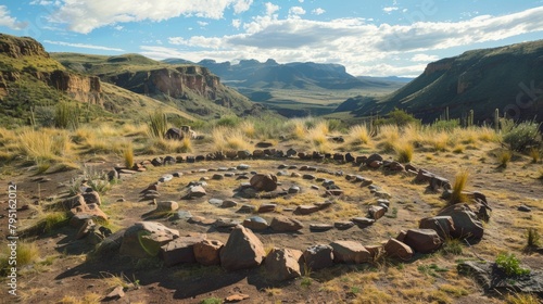 Sacred stone circle in a remote wilderness area, inviting mindful yoga practice and meditation